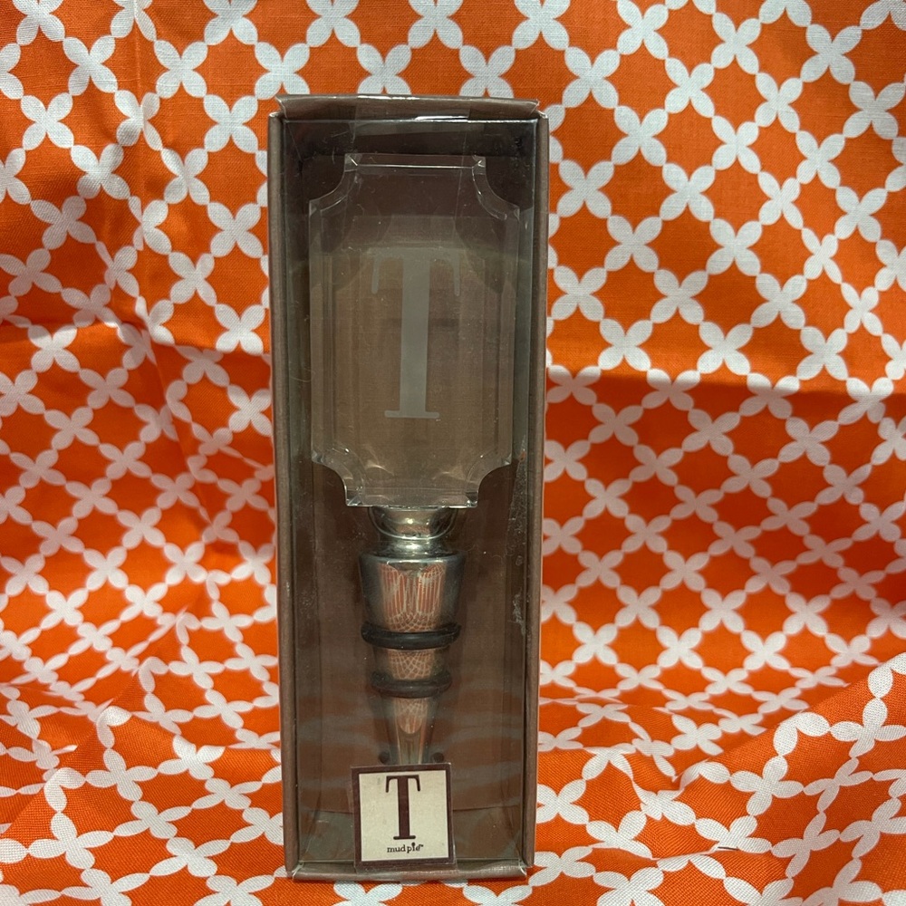 Monogrammed “T” Mud Pie Brand Silver Bottle / Wine Stopper, NEW!